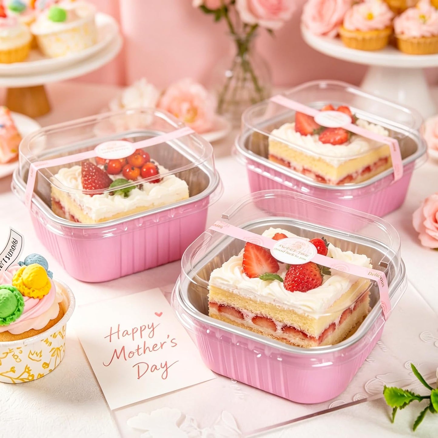 NPLUX 50 Pcs Mini Cake Pans with Lids and Spoons Aluminum Foil Mini Square Baking Cups with Lids Disposable Ramekins Cake Pans Dessert Cups for Wedding Mothers Day Gifts Party Favors(Pink,5oz)