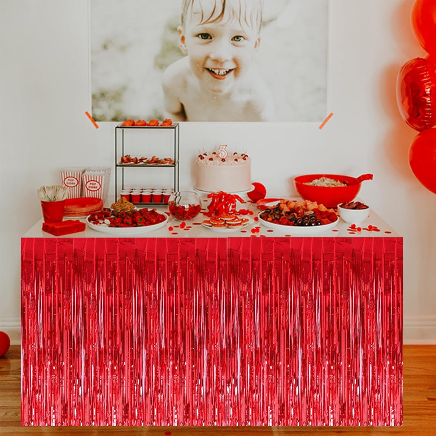 BEISHIDA 2 Pack Metallic Tinsel Foil Fringe Table Skirts for Rectangle & Round Tables Hot Pink Kids' Birthday, Holiday Cartoon Party Decorations for Birthday Valentines Baby Shower Festive Events
