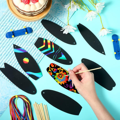 Libima 36 Pcs Summer Surfboard Scratch Cards Rainbow Art Paper for Ornament Mini Surfboard Card Decor Scratch Bookmarks Beach Party Favor DIY Classroom Birthday Gift, 6 Styles