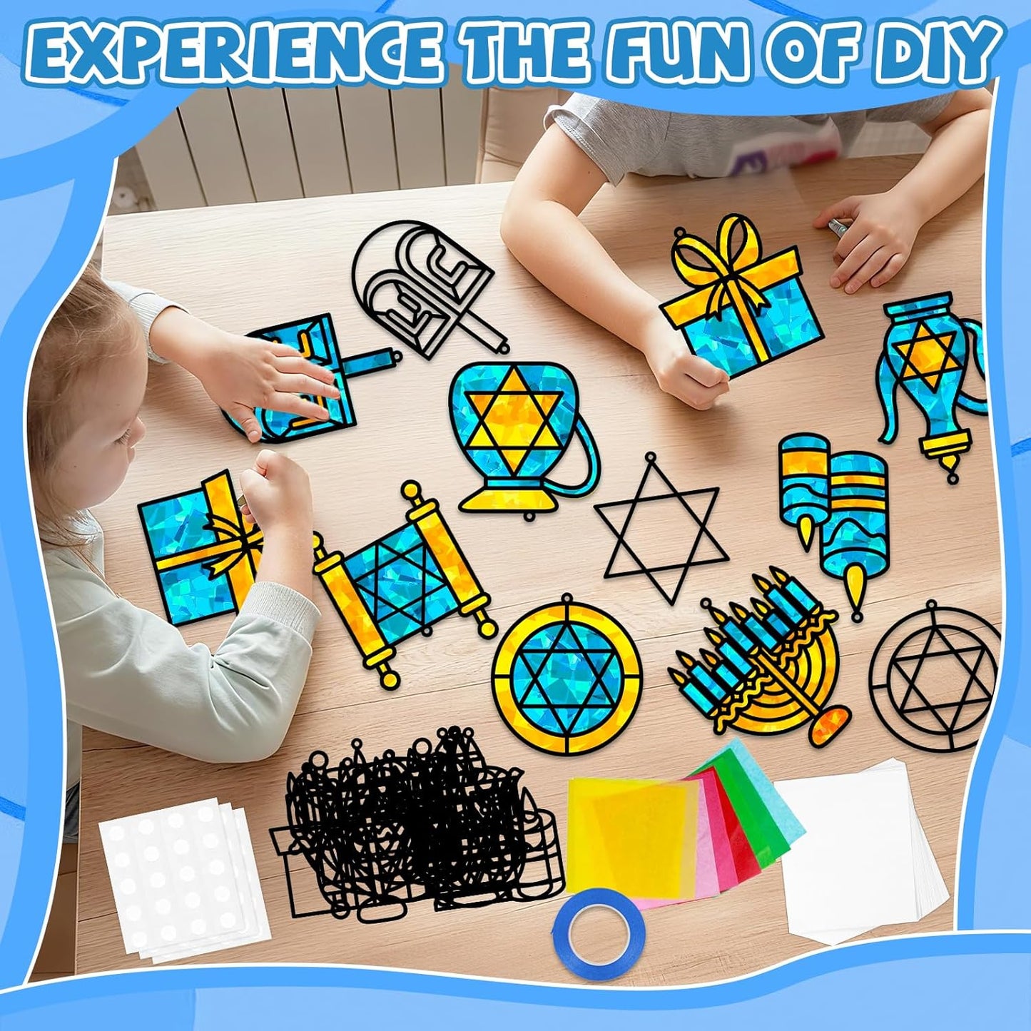 QOUBAI 32 Sets Stars Suncatchers Craft Back to School DIY Stained Glass Window Patriotic 4th of July Paper Craft Home School Classroom Decor Kid Birthday Gift Creative Art Activity Game - Colors B