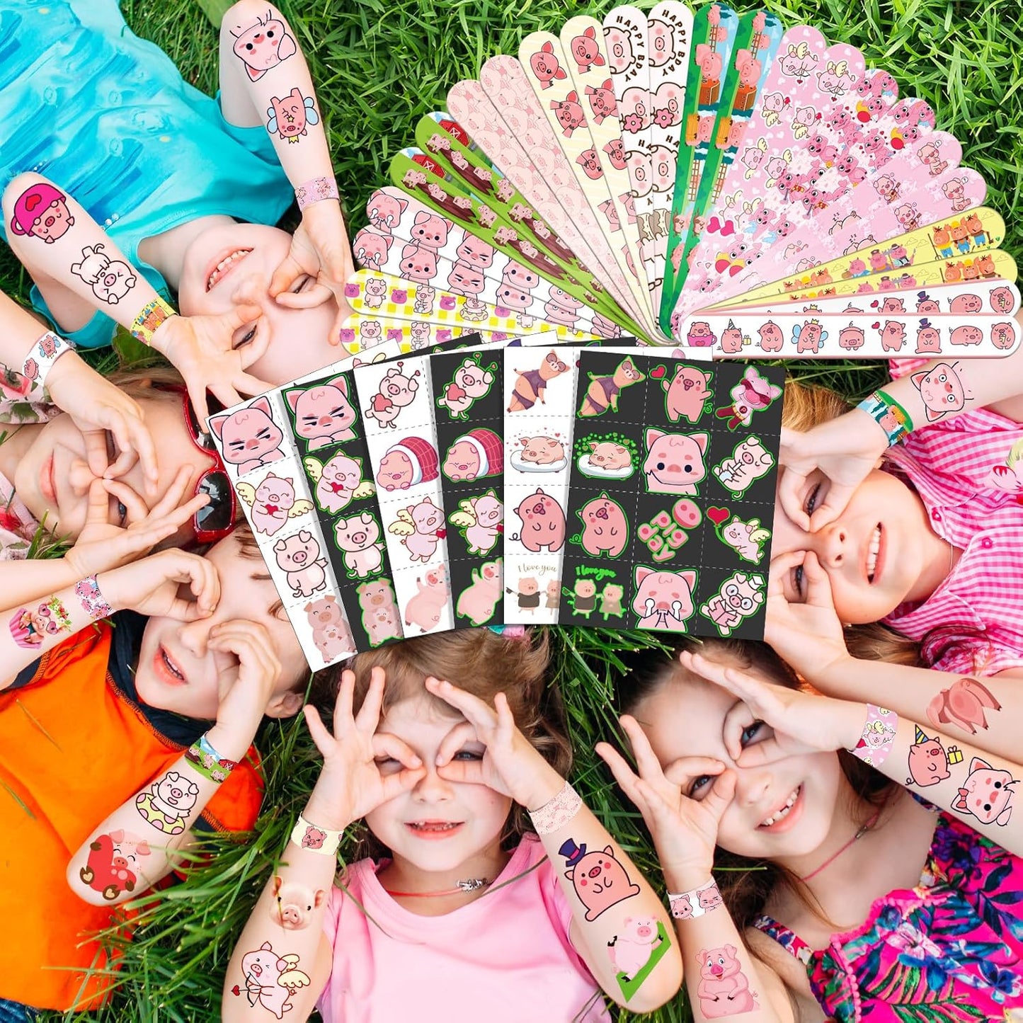96 PCS Pig Party Favors Set – 72 Pre-Cut Temporary Tattoos & 24 Slap Bracelets for Kids, Cute Farm Birthday Decorations, Barnyard Party Supplies & Classroom Rewards