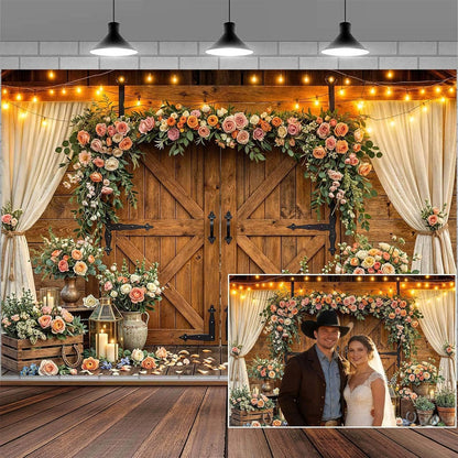10x8ft Country Wedding Photography Backdrop Rustic Barn Door Photography Backdrop Farmhouse Pink Flower Cabin Wooden Birthday Baby Shower Wedding Bridal Party Banner Photo Booth Props Background