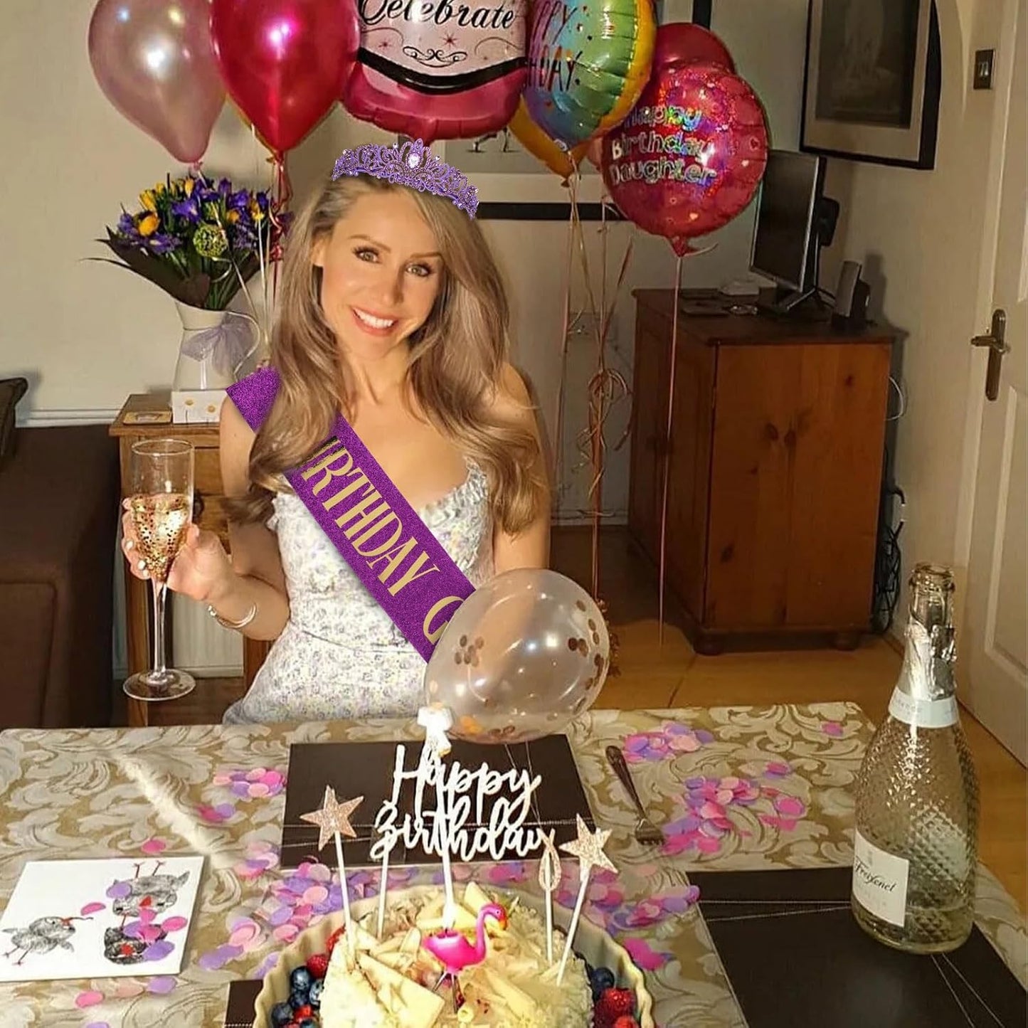 CIEHER Birthday Girl Crown and Sash - Rose Gold Tiara Birthday Decorations for Women and Girls