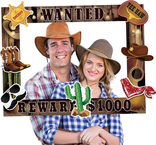 GlikCeil 8 Pcs West Wanted Photo Booth Prop Kit Cowboy Party Decoration Wild Western Photo Booth with 7 Props Rodeo Selfie Frames Poster for Cowboy Cowgirl Rustic Party Supplies, 26. 7 x 20. 5 Inch