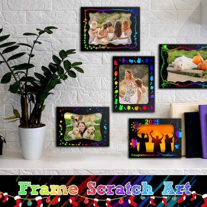 Motipuns 24 Pcs Scratch Picture Frame Craft Kits for Kids DIY Vbs Scratch Paper Photo Frame with Wooden Stylus Back to School 4 x 6 Children Photo Classroom Easter Activities Decor
