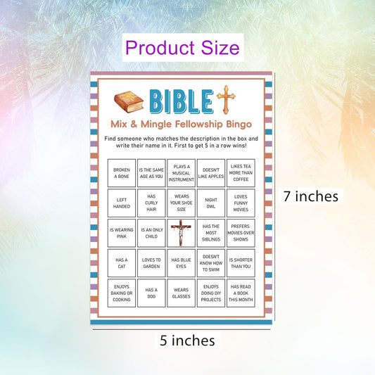 Bible Mix & Mingle Fellowship Bingo Game – 30 Cards, 5x7 Inch – Fun Christian Icebreaker for Church Events & Bible Activity Groups-SJYX02