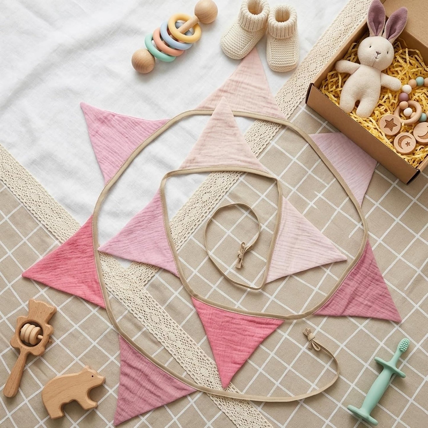 Fabric Bunting Banner, 2 Pack Handmade Neutral String Banner Each 8.5 ft 10 Flags Nursery Wall Hanging Wedding Birthday Home Baby Shower Party Decoration Bunting (Pink Candy)