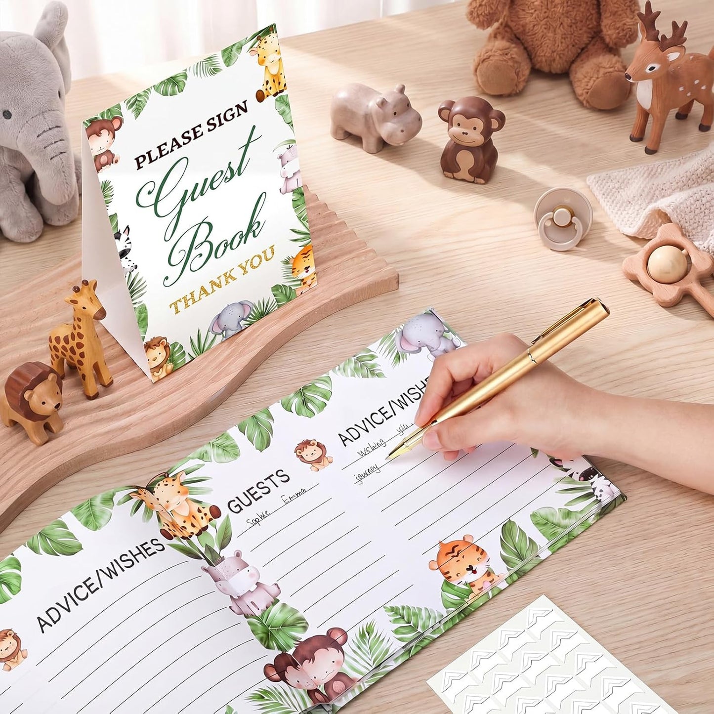 Fuyoooo 27 Pcs Safari Animal Baby Shower Guest Book Set Baby Shower Sign in Guest Floral Book Place Table Cards with Gold Pen Adhesive Photo Corner for Birthday Party