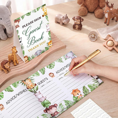 Fuyoooo 27 Pcs Safari Animal Baby Shower Guest Book Set Baby Shower Sign in Guest Floral Book Place Table Cards with Gold Pen Adhesive Photo Corner for Birthday Party