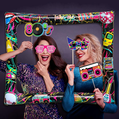 21Pcs Back to The 80s Inflatable Selfie Photo Frame & Props Set 1980s Retro Party Picture Frame I Love 80s Party Selfie Props for 1980s Throwback Birthday Back to 90S 80S Neon Party Supplies