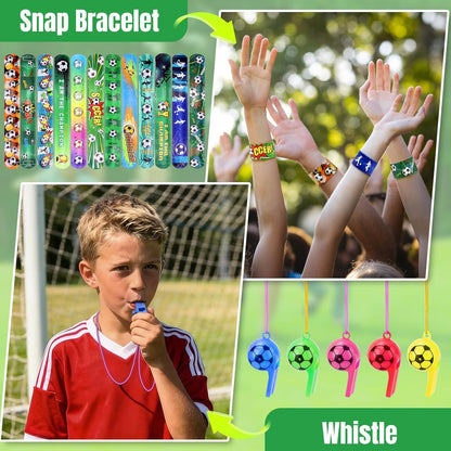 114 Pcs Soccer Party Favors for 10 Kids, Soccer Goodie Bags with Whistles, Slap Bracelets, Spinning Balls, Keychains, Tattoos & Stickers for Birthday, Team Celebration & Game Day