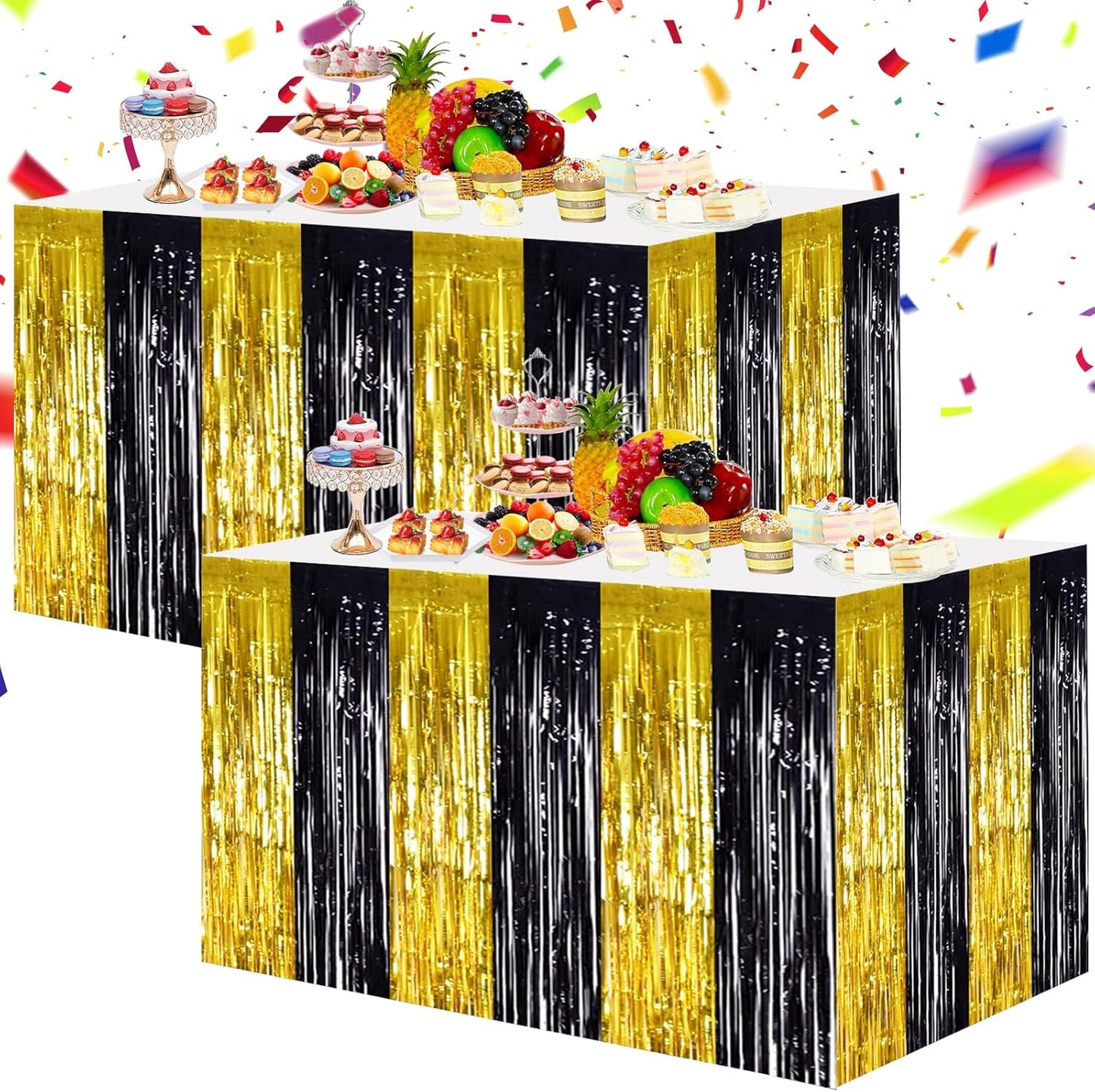BEISHIDA 2 Pack Metallic Tinsel Foil Fringe Table Skirts for Rectangle & Round Tables Hot Pink Kids' Birthday, Holiday Cartoon Party Decorations for Birthday Valentines Baby Shower Festive Events