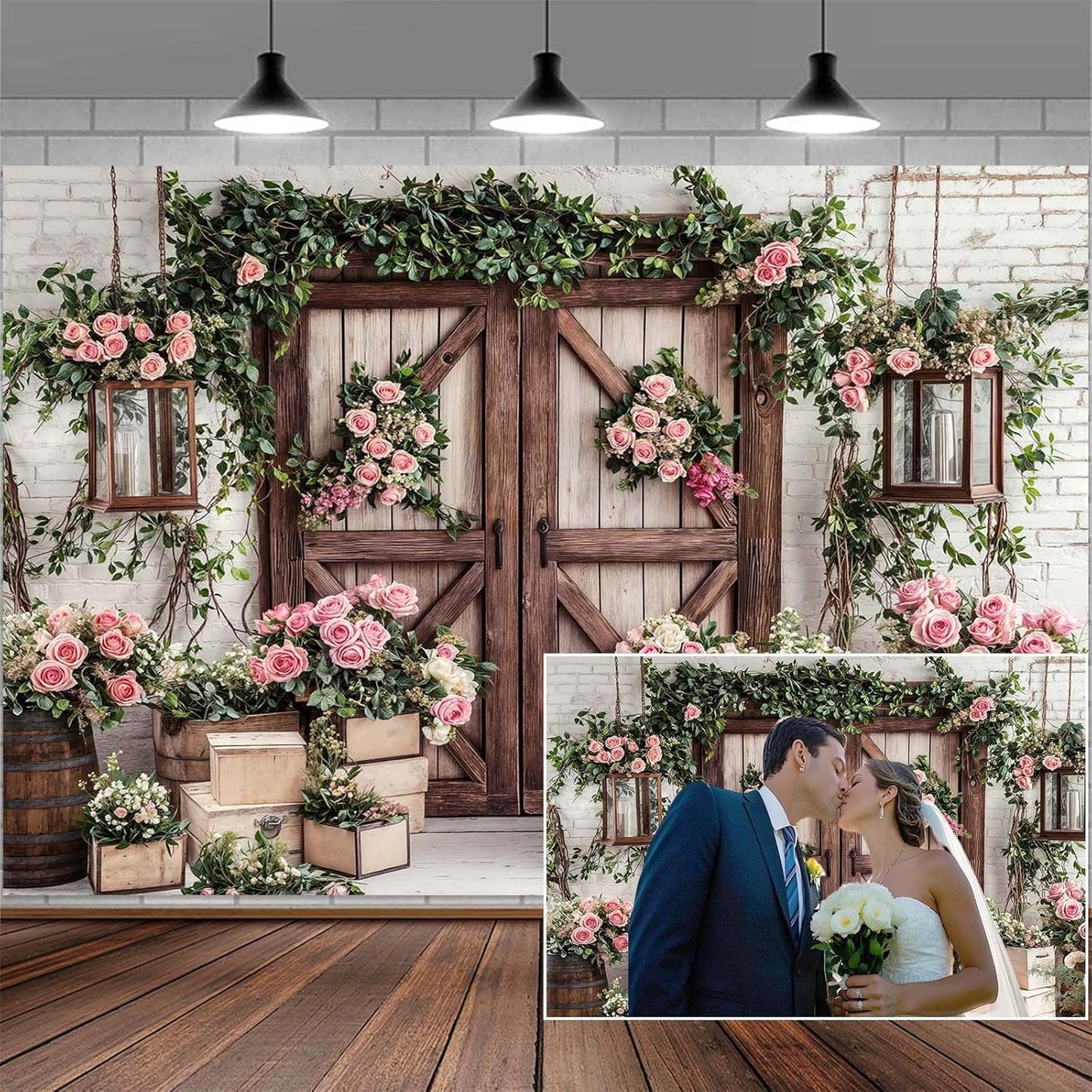 10x8ft Country Wedding Photography Backdrop Rustic Barn Door Photography Backdrop Farmhouse Pink Flower Cabin Wooden Birthday Baby Shower Wedding Bridal Party Banner Photo Booth Props Background