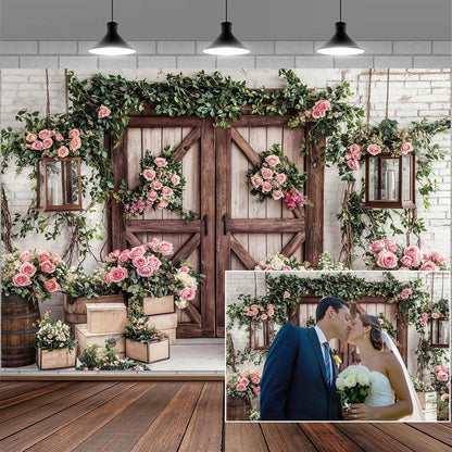 10x8ft Country Wedding Photography Backdrop Rustic Barn Door Photography Backdrop Farmhouse Pink Flower Cabin Wooden Birthday Baby Shower Wedding Bridal Party Banner Photo Booth Props Background