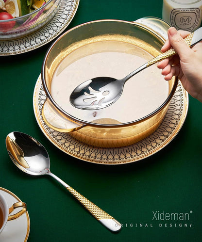 Xideman® 7-Piece Hammered 18/10 Stainless Steel Silverware Serving Utensil Set - Hostess Flatware with Cake Knife & Cake Server (Champagne Gold)