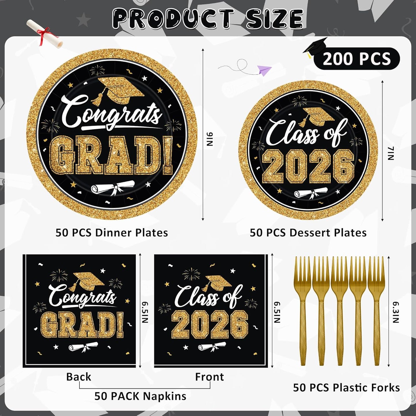 200Pcs Graduation Decorations 2026, Blue Graduation Plates and Napkins Party Supplies for 50 Guests, Disposable Grad Plates, Napkins, Dessert Plates and Forks for Grad Decor Wedding Birthday Supplies