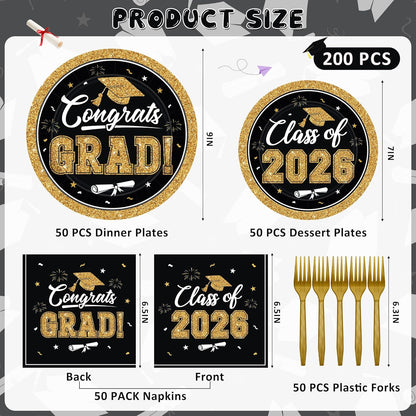 200Pcs Graduation Decorations 2026, Blue Graduation Plates and Napkins Party Supplies for 50 Guests, Disposable Grad Plates, Napkins, Dessert Plates and Forks for Grad Decor Wedding Birthday Supplies