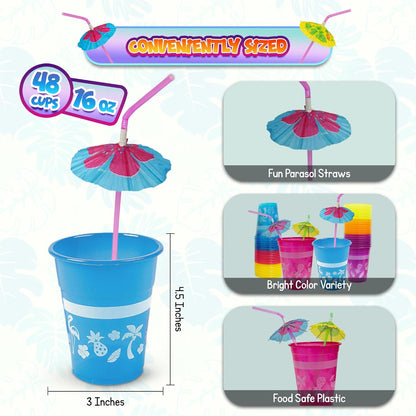 4E's Novelty 48 Packs Tropical Party Cups with Parasol Straws - Disposable Plastic Cups 16oz BPA free, for Hawaiian Luau Party and Pool Parties, Beach Theme Birthday Decorations for Kids & Adults