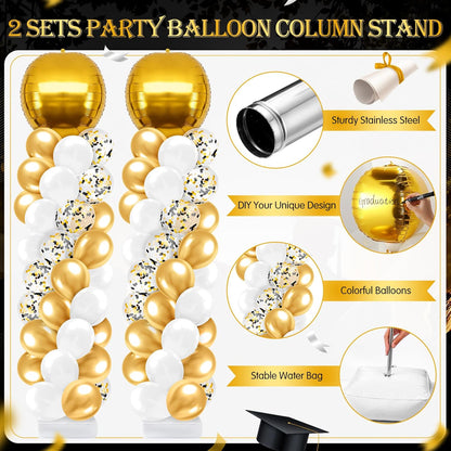 2 Sets Blue and Black White Graduation Balloon Column Stand Kit for Class of 2026, Adjustable Floor Balloon Arch Tower with Foil & Latex Balloons, DIY Decor for Grad Ceremony Backdrop