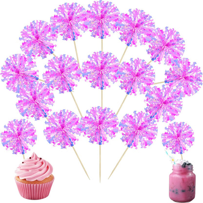 Ephlyn 30Pcs Foil Firework Cupcake Toppers Sparkle Tinsel Cupcake Picks Drink Stirrers Cocktail Food Fruit Toothpicks for Baby Shower Graduation Party Supplies White
