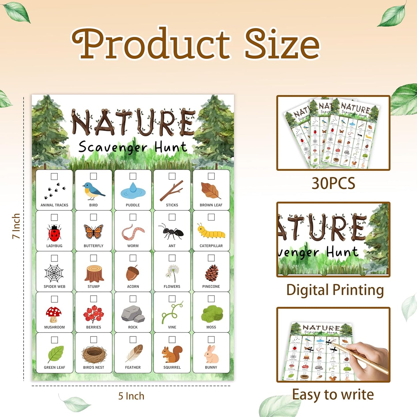 30Pcs Nature Scavenger Hunt Cards, Scavenger Hunt Cards Road Trip and Travel Activities, Spring Summer Holiday Party Supplies, Camping Games Outdoor Indoor Seek Activity-A03