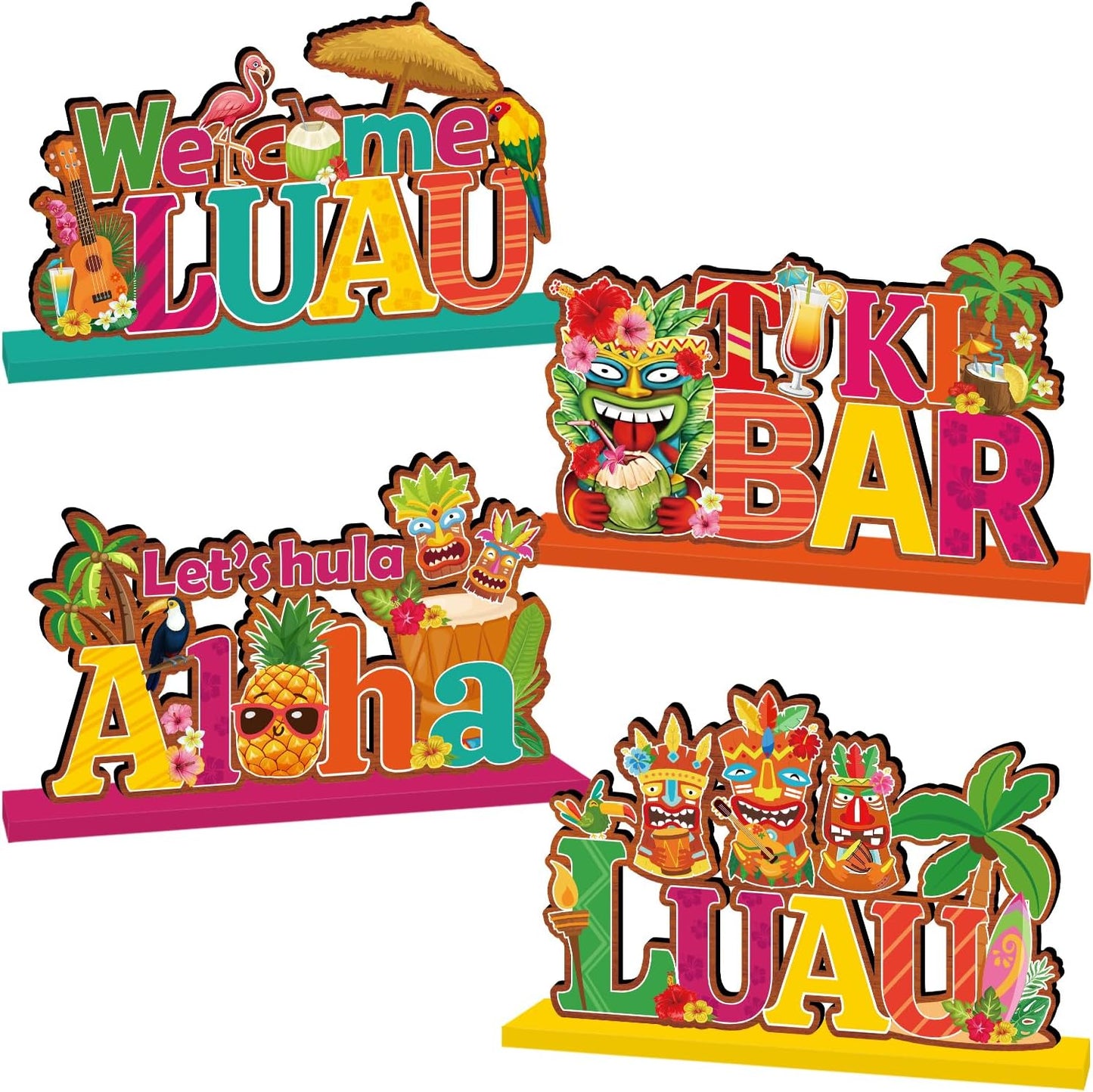 4 Pcs Luau Party Decorations Wooden Table Decorations Tiki Bar Aloha Table Centerpieces Tropical Luau Welcome Wood Signs Hawaiian Party Decorations for Summer Beach Party Decor