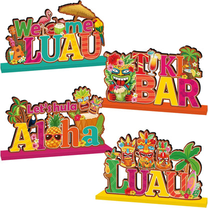 4 Pcs Luau Party Decorations Wooden Table Decorations Tiki Bar Aloha Table Centerpieces Tropical Luau Welcome Wood Signs Hawaiian Party Decorations for Summer Beach Party Decor