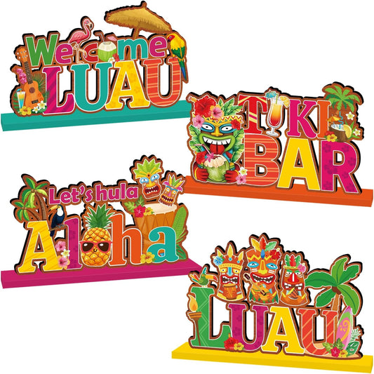 4 Pcs Luau Party Decorations Wooden Table Decorations Tiki Bar Aloha Table Centerpieces Tropical Luau Welcome Wood Signs Hawaiian Party Decorations for Summer Beach Party Decor