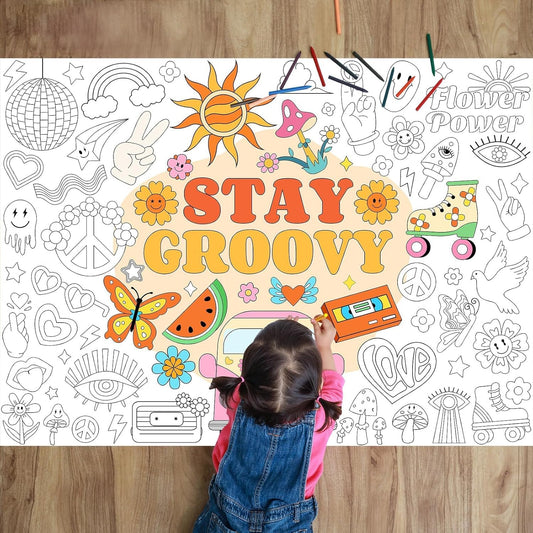 Giant Coloring Poster for Kids Groovy Themed Activity Large Big Boho Hippie Paper Tablecloth Coloring Jumbo Page Sheet Book for Kids School Classroom Home Spring Summer Party Supplies Decorations