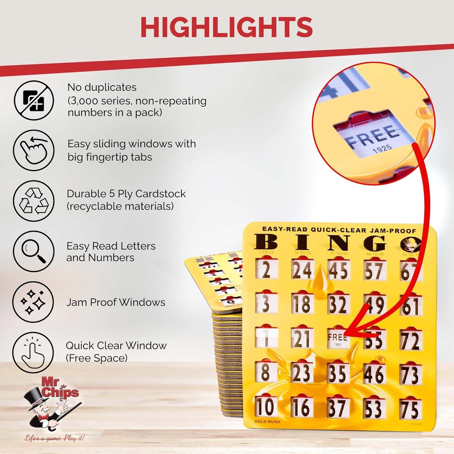 MR CHIPS Jam-Proof Bingo Cards with Sliding Windows, 25 Reusable Shutter Cards, 75 Calling Cards 1 Master Board in Tan Woodgrain Style