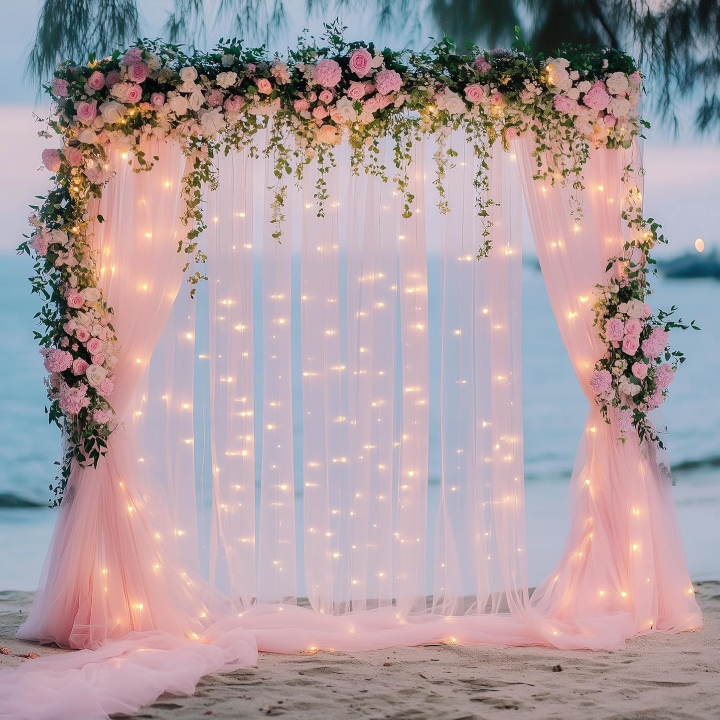 Fomcet Tulle Backdrop Curtains with Lights String White 10FT X 8FT Sheer Curtain with Lights Tulle Curtains Backdrop for Wedding Birthday Party Baby Shower Photo Shoot (2 Panels 5x8FT)