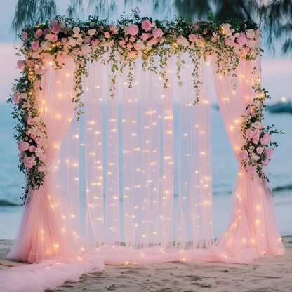 Fomcet Tulle Backdrop Curtains with Lights String White 10FT X 8FT Sheer Curtain with Lights Tulle Curtains Backdrop for Wedding Birthday Party Baby Shower Photo Shoot (2 Panels 5x8FT)