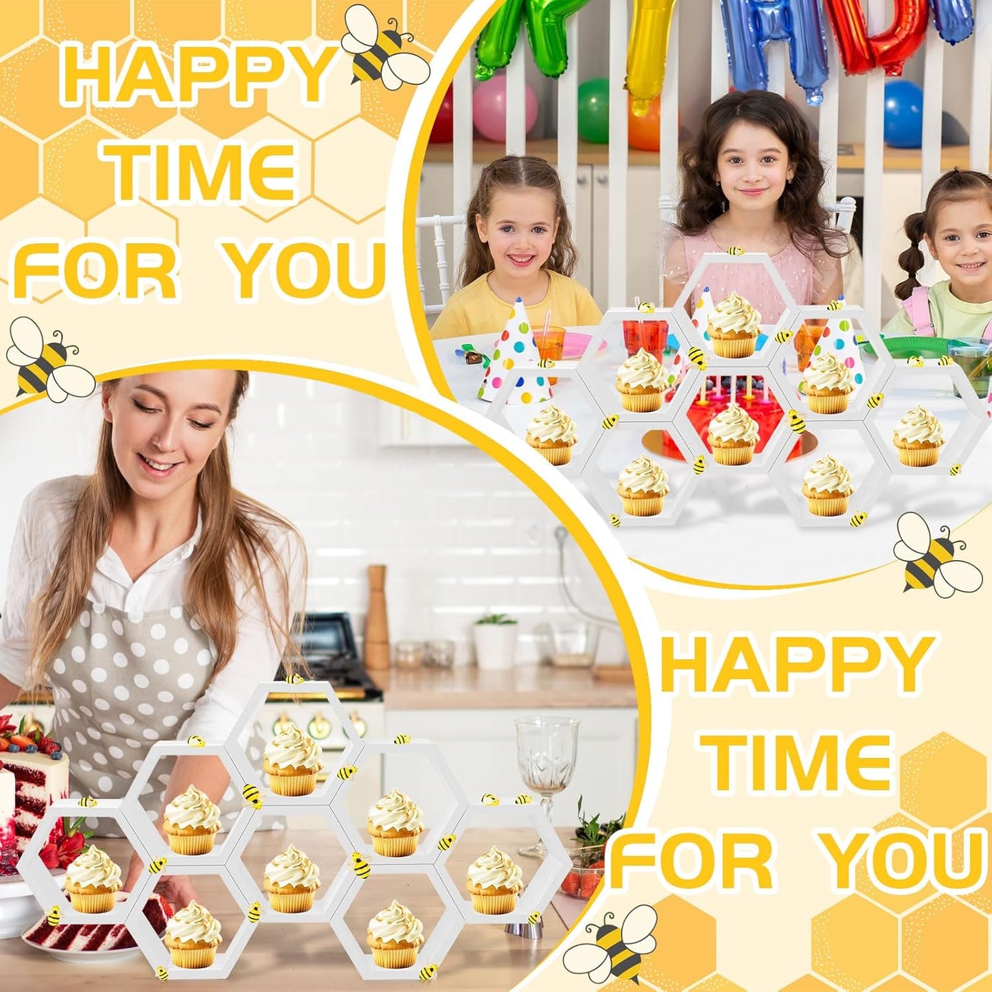 8 Pcs 4.13 Inch Honeycomb Cupcake Stand Cake Farmhouse Hexagon Display Holder Hexagonal Wood Cupcake Stand Floating Table Sign with Wooden Bee for Wedding Baby Shower Birthday Party Table Decorations