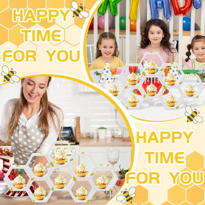 8 Pcs 4.13 Inch Honeycomb Cupcake Stand Cake Farmhouse Hexagon Display Holder Hexagonal Wood Cupcake Stand Floating Table Sign with Wooden Bee for Wedding Baby Shower Birthday Party Table Decorations