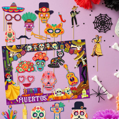 Day of The Dead Photo Booth Props Kit- 30Pcs Día de Los Muertos Party Selfie Props with Photo Booth Frame Cinco de Mayo Sugar Skull Photo Props for Mexican Halloween Party Decoration Supplies