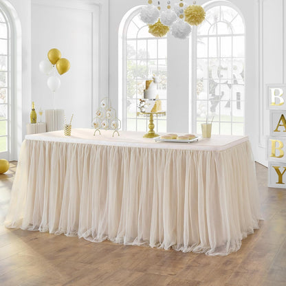 72inch Champagne Gold Tulle Table Skirts for Rectangle Round Tables, Gold Grim Ruffle Tulle Tutu Cloth Table Skirt 6ft for Wedding Birthday Party Cake Dessert Decor(No Top Cover)