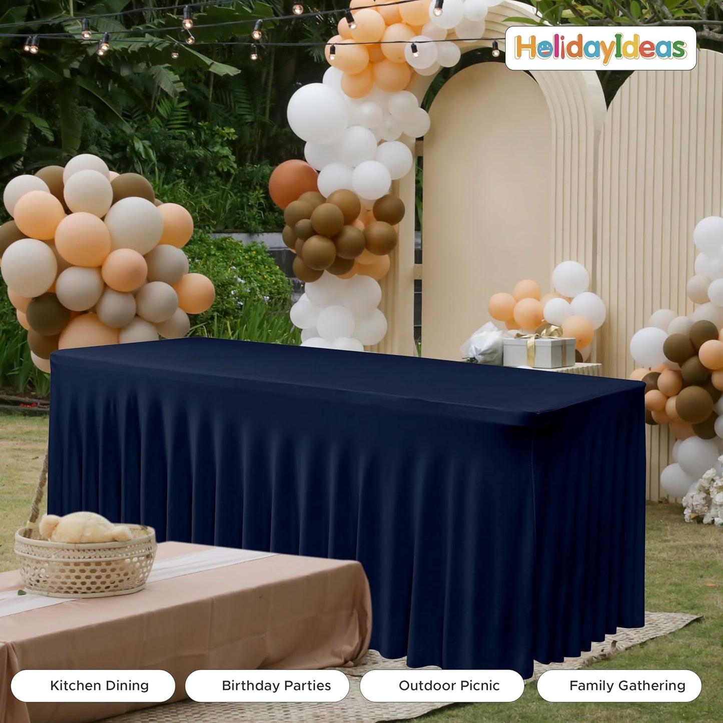 HolidayIdeas 2 Pack Spandex Table Skirt for 6 Ft Rectangle Tables, Black Fitted Stretch Tablecloth 30 x 72 Inch, Wrinkle Resistant Ruffle Design for Wedding Banquets, Trade Shows, Parties