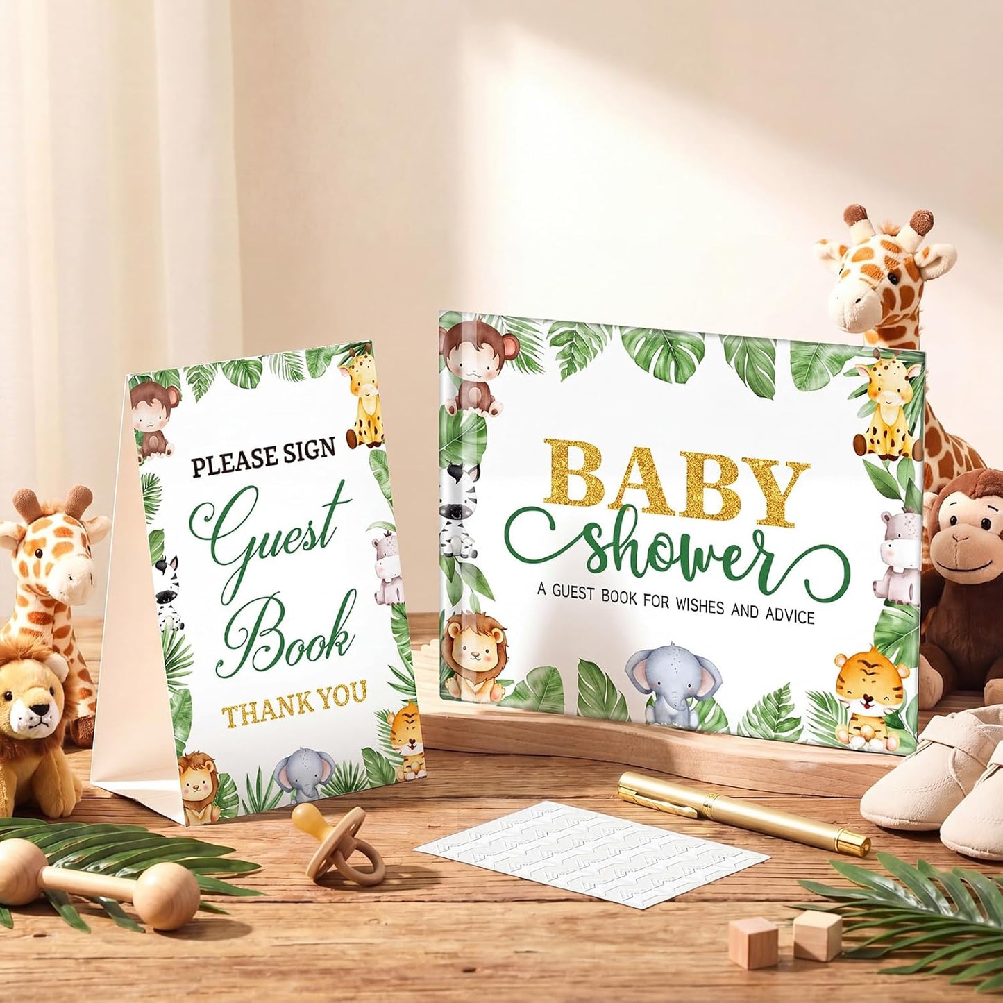 Fuyoooo 27 Pcs Safari Animal Baby Shower Guest Book Set Baby Shower Sign in Guest Floral Book Place Table Cards with Gold Pen Adhesive Photo Corner for Birthday Party