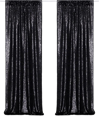 Poise3EHome Black Sequin Backdrop Curtains, 2 Panels 2FTx8FT Glitter Photo Booth Backdrop for Halloween Birthday Bachelorette Wednesday Twilight Party Decorations