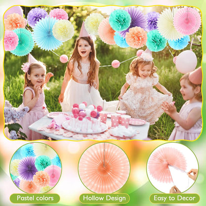 Kosiz 18 Pcs Pastel Rainbow Party Decorations Pastel Paper Fans 3D Floral Tissue Pom Poms Pink Hanging Paper Flowers Garland Classroom Home Wall Decor Birthday Baby Shower Bridal Wedding Supplies