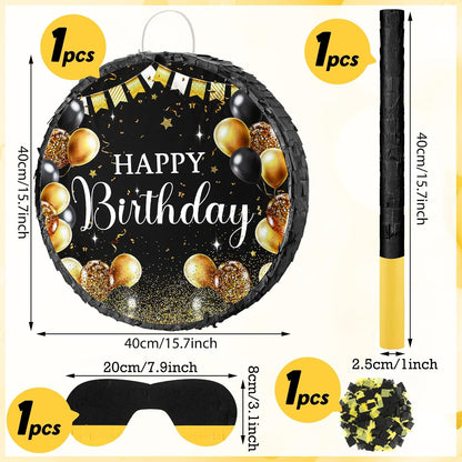 Sinmoe Birthday Piñata with Stick Blindfold and Confetti Large Piñata for Adult Men Women Birthday Party Supplies Decoration Wedding Anniversary(Black and Gold)