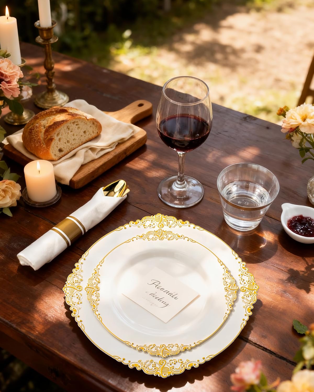 Nervure 350PCS Gold Plastic Plates - Gold Plastic Dinnerware Sets for 50 Guests - 100 Disposable Plates, 150 Silverware, 50 Cups, 50 Napkins for Wedding & Party & Mothers Day