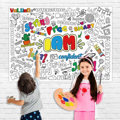 43.3x31.5 Summer Coloring Poster with Picture, Giant Cute Painting Poster, Large Coloring Tablecloth for Classroom Home Birthday Party Supplies Favor