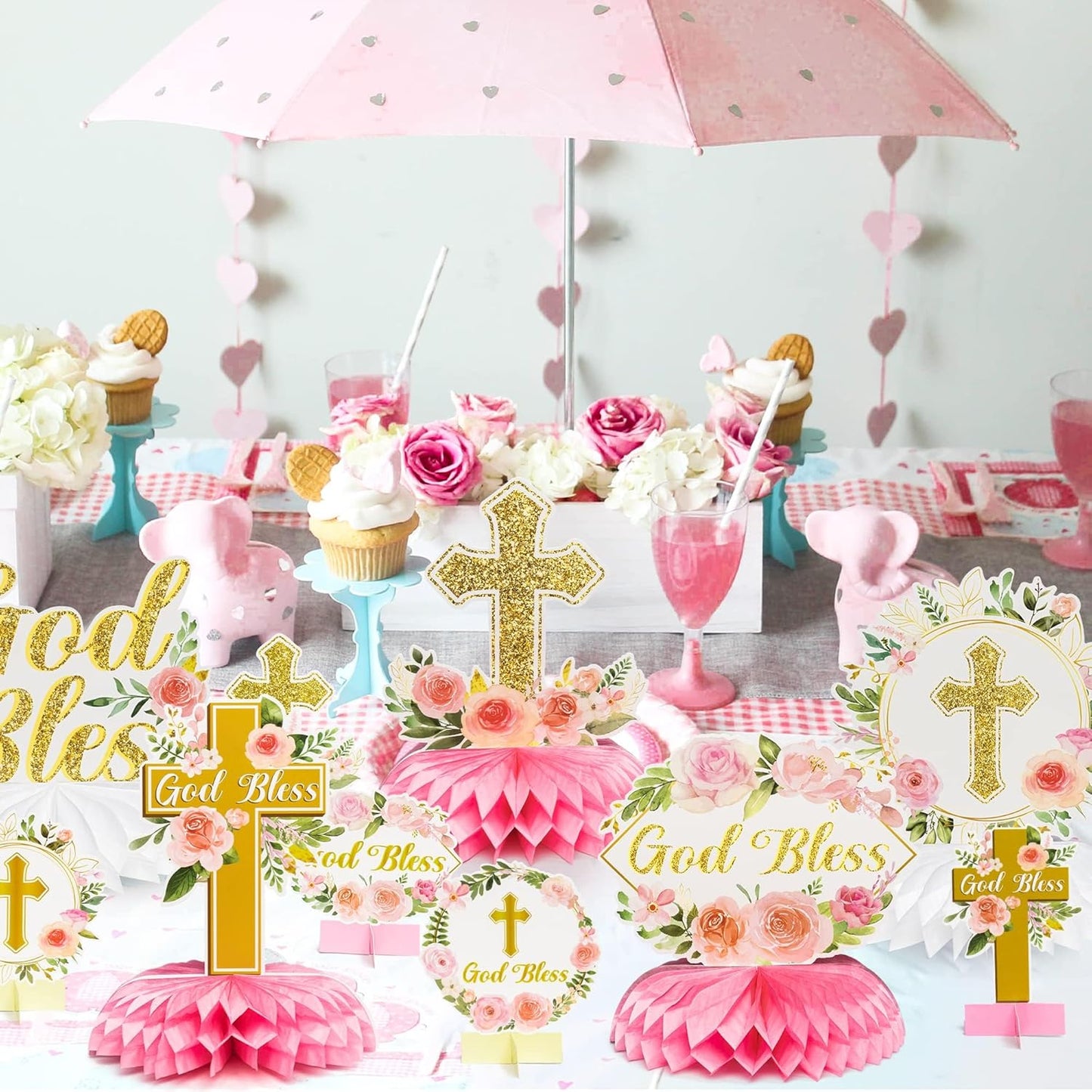 ANGOLIO White Gold Floral Honeycomb Centerpieces - 12Pcs Cross Rose Greenery God Bless Baptism Party Decoration Baby Shower First Communion Birthday Party Supplies for Boy Girl 3D Wedding Table Topper