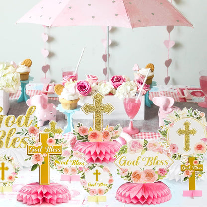 ANGOLIO White Gold Floral Honeycomb Centerpieces - 12Pcs Cross Rose Greenery God Bless Baptism Party Decoration Baby Shower First Communion Birthday Party Supplies for Boy Girl 3D Wedding Table Topper