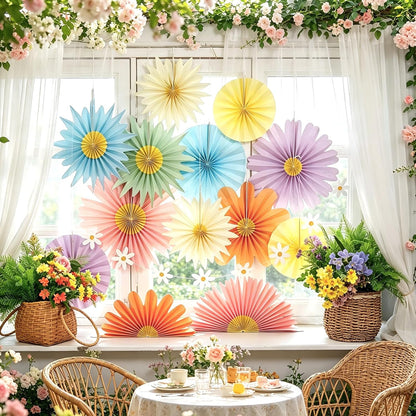 PAPER JAZZ Paper Flowers with Paper Fan Boho Hanging Decor Artificial Flowers Decorations for Wall Pink and Orange Party Decorations for Classroom, Beach Party, Summer Birthday Party Pack of 11.