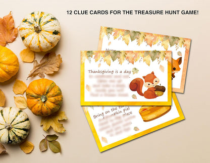 Thanksgiving Treasure Hunt, 12 Scavenger Hunt Clue Game Cards, Thanksgiving Treasure Riddle Hunt Game, Activities for Kids Adults, Party Decorations, Indoor Outdoor Party Games Supplies