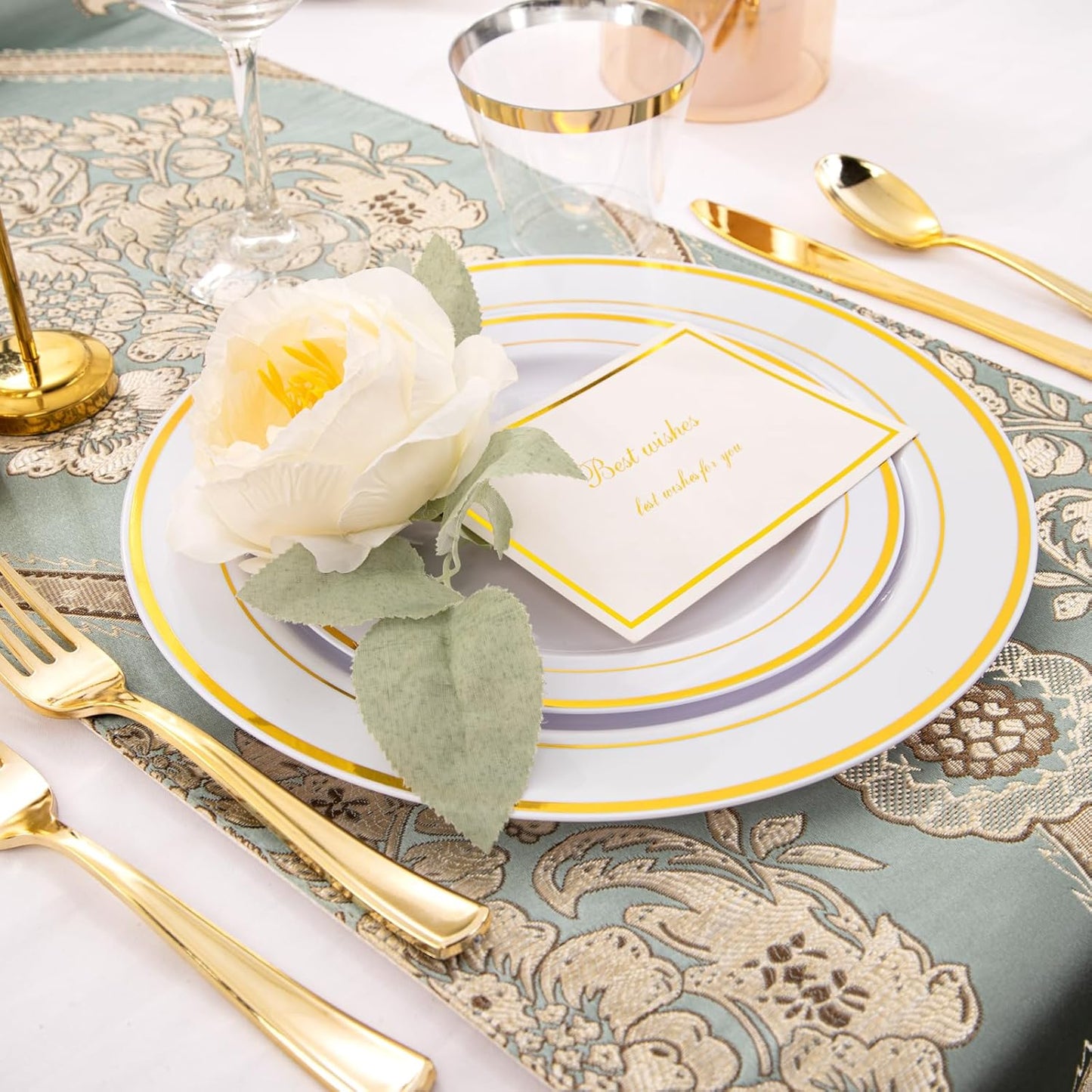 WELLIFE 350-Piece Gold Disposable Plates and Cutlery Set - Premium 10.25" Dinner Plates, 7.5" Dessert Plates, 9oz Cups & Cutlery for Weddings, Catering Events - 50 Guest Service - Elegant & Sturdy