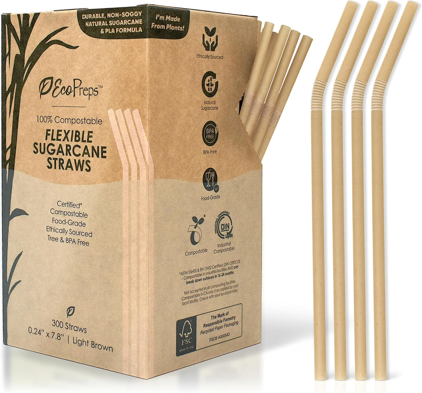 EcoPreps Biodegradable Sugarcane Straws | 150 Count, 100% Compostable, Plastic-Free, & Eco-Friendly Drinking Straw | 7.8'' Sugar Fiber Disposable Straws, Smoothie Straw for Home, Restaurant, Parties