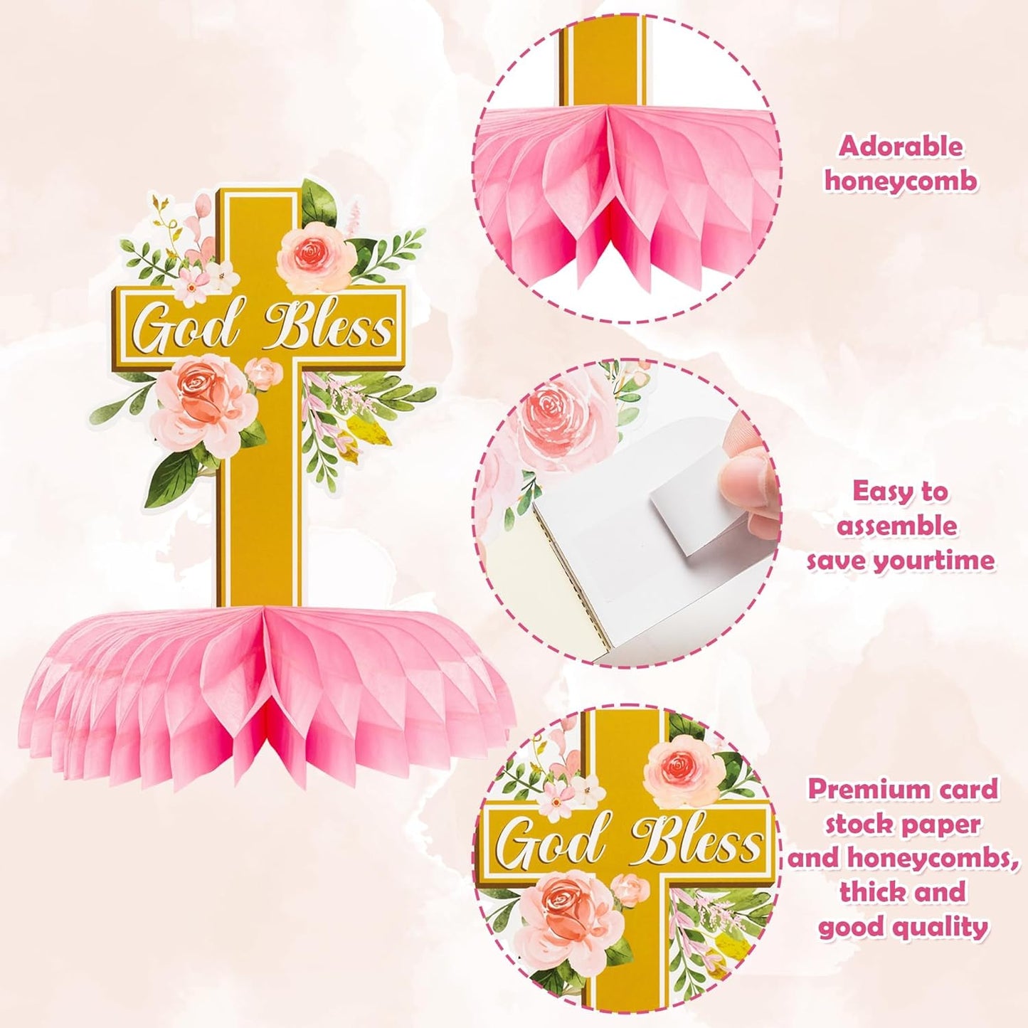 ANGOLIO White Gold Floral Honeycomb Centerpieces - 12Pcs Cross Rose Greenery God Bless Baptism Party Decoration Baby Shower First Communion Birthday Party Supplies for Boy Girl 3D Wedding Table Topper